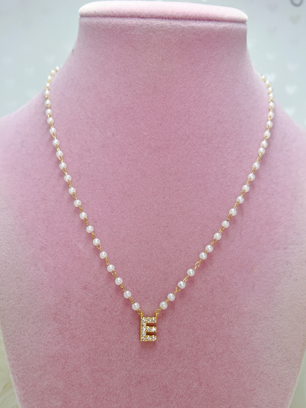 18k gold plated E pearl CZ initial letter 16” to 19” necklace